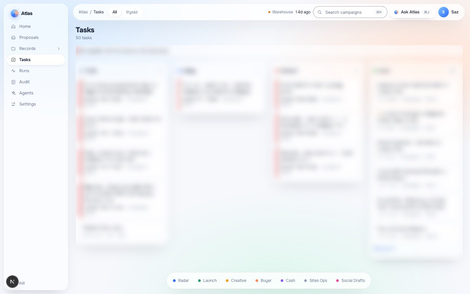 Atlas task board, with private task details blurred